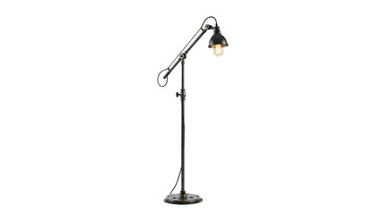 A tall, industrial-style black floor lamp with adjustable arm and a small, caged bulb