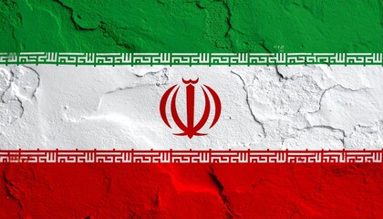 The Iranian national flag with green, white, and red horizontal bands and central emblem, displayed on cracked stone.