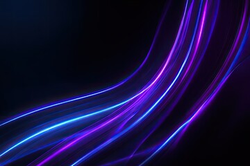 Dynamic neon blue and purple light streaks curve across a dark abstract space