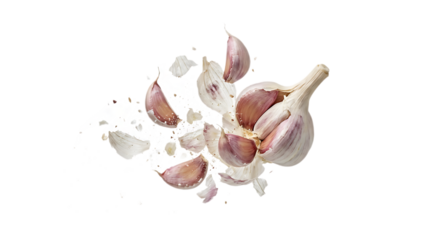 Garlic bulb exploding with cloves and skin flying outward, capturing the intensity of flavor and spicy ingredients on a transparent background.