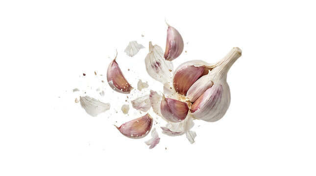 Garlic bulb exploding with cloves and skin flying outward, capturing the intensity of flavor and spicy ingredients on a transparent background.