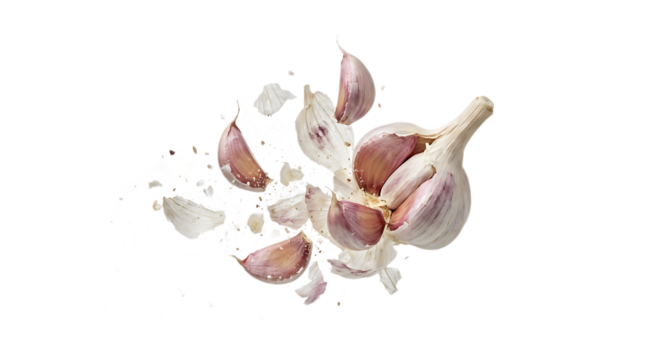 Garlic bulb exploding with cloves and skin flying outward, capturing the intensity of flavor and spicy ingredients on a transparent background.