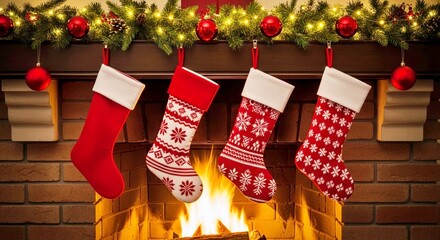 Four Christmas stockings hanging above a fireplace with a cozy fire burning. Mantle decorated with red ornaments and evergreen garland