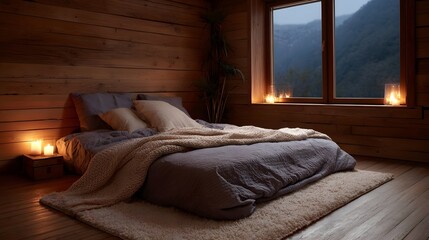 Cozy wooden bedroom with a bed lit by candles overlooking a misty mountain landscape at twilight