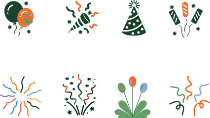 Festive Celebration Icon Set with Balloons, Streamers, and Party Elements