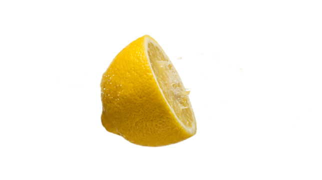 Half of a fresh yellow lemon showing the juicy citrus texture inside, isolated on a transparent background, symbol of vitamin C and sour flavor.