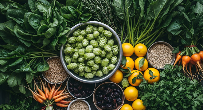 Abundant fresh produce and grains displayed artfully - Powered by Adobe