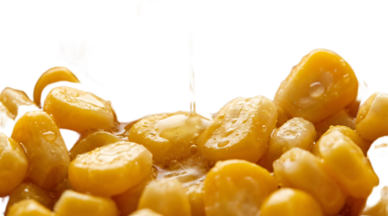 Pile of wet, shiny canned corn kernels with water droplets, isolated on a transparent background, appetizing sweet corn texture.