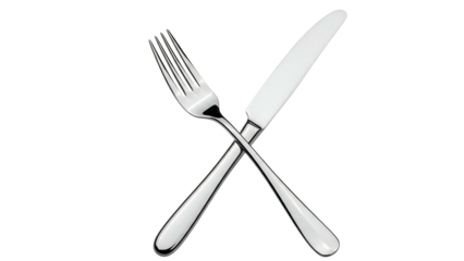 A shiny fork and knife are crossed over each other against a solid black background