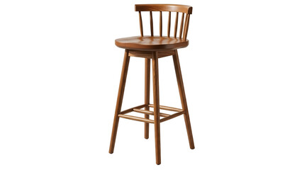 A tall wooden barstool with a spindle back and footrest, isolated on black