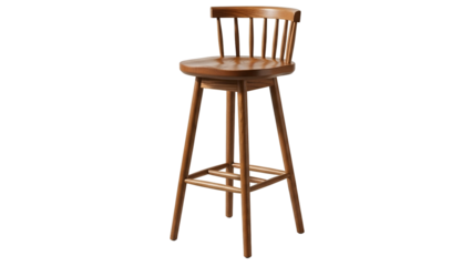 A tall wooden barstool with a spindle back and footrest, isolated on black