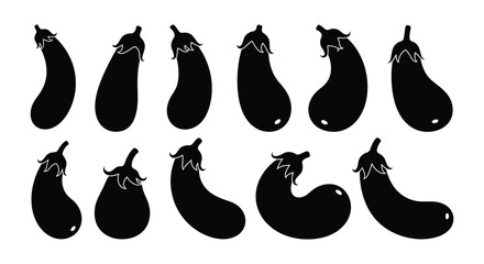 Black silhouette illustrations of various shaped eggplants on a white background