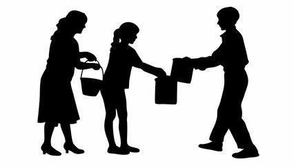 Family volunteering together, mother, daughter, and father donating items for a good cause, vector art showing community spirit and family values