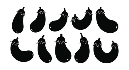 Black silhouette illustrations of various shaped eggplants on a white background