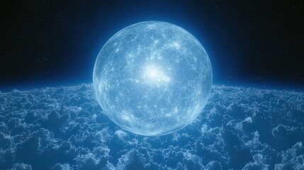 Luminous blue celestial orb floating above textured cloud-like expanse, with starry backdrop