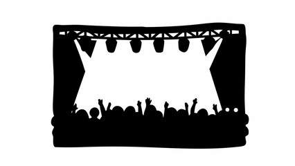 Energetic crowd silhouette cheering at live concert stage, vibrant music festival scene, perfect for event promotion and entertainment industry visuals