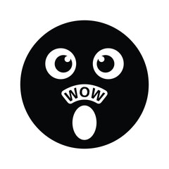 Fototapeta premium Black and white emoji face with wide open mouth and W O W text vector