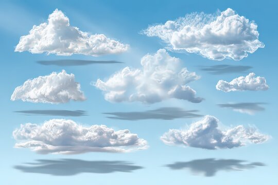 Collection Of Fluffy White Clouds Against Light Blue Sky With Shadows Depicting Weather And Meteorology Concept