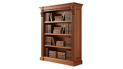 A stately wooden bookcase filled with books, ornately carved, against a dark background