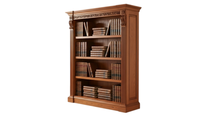 A stately wooden bookcase filled with books, ornately carved, against a dark background