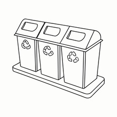 Outline drawing of three trash separation bins with recycling symbols for waste management
