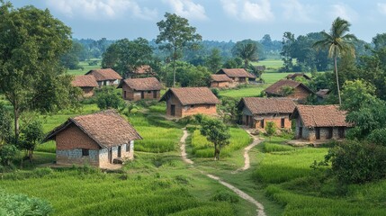 Rural village scene with multiple houses, red-tiled roofs, set amid vibrant green rice fields