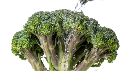 Fresh broccoli head being washed under a stream of clear water, showcasing hygiene and food preparation on a transparent background.