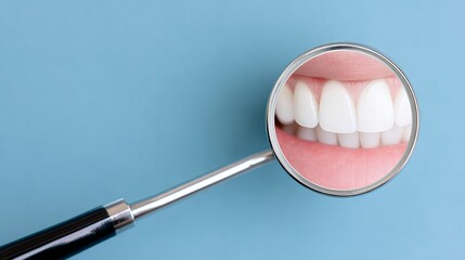Dental mirror reflecting healthy white teeth, showcasing oral hygiene and care, with a soft blue background enhancing the visual appeal of dental health and cleanliness