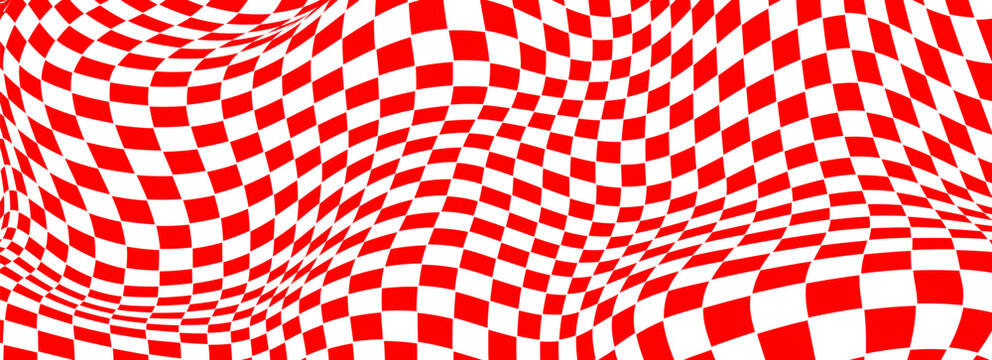 Trippy checkerboard background. Retro psychedelic checkered wallpaper. Wavy groovy chessboard surface. Distorted geometric grid chess pattern. Abstract red and white race flag backdrop. Eps10