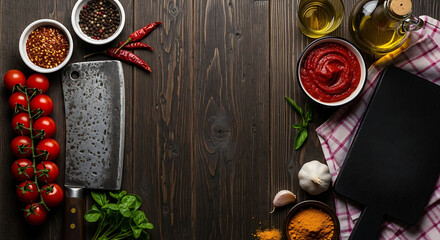Rustic wooden table with fresh ingredients and spices for cooking