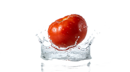 Ripe red tomato splashing into clear water creating a crown splash, high-speed photography concept of freshness on a transparent background.