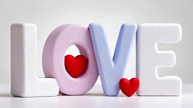 Colorful decorative letters spelling love, featuring soft textures and vibrant hearts, creating a romantic atmosphere perfect for celebrations and heartfelt expressions of affection