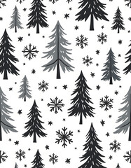 Obraz premium Winter forest pattern with snowflakes and Christmas trees on a white background