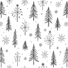 Obraz premium Hand-drawn Christmas trees and snowflakes seamless pattern on white background