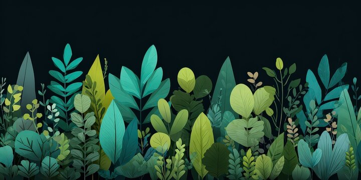 Detailed Pixel Art Illustration of Lush Greenery with Various Leaf Shapes Against a Dark Background in a Flat Graphic Style Vector