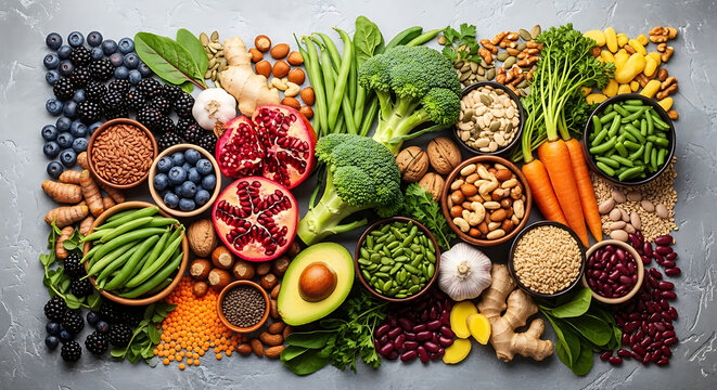 Abundant assortment of fresh fruits vegetables nuts and seeds