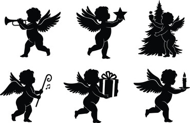 Christmas angel silhouette icon set featuring musical cherubs, star carrying angels, gift holding figures, tree decoration scenes, festive holiday graphics