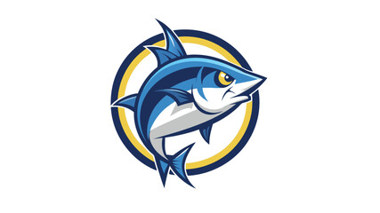 Dynamic blue shark illustration with yellow oval border