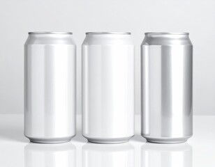 Three blank aluminum cans, shiny and reflective