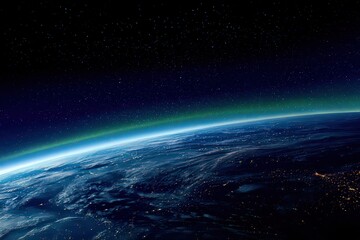 Dramatic Aerial View of Earth at Night City Lights Glow Through Atmosphere and Starry Sky Outer Space Background