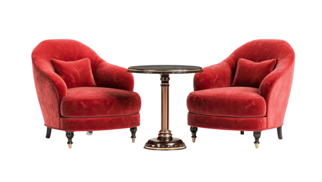 Two plush, red velvet armchairs face each other, with a small round table centered between them