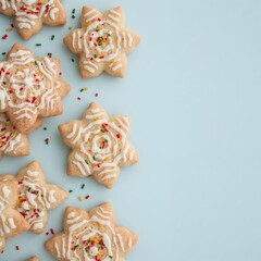 Fototapeta premium Christmas holiday dessert macro with star-shaped cookies on blue background, with copy space