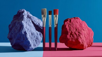 Colorful artistic composition featuring three paintbrushes positioned between vibrant textured rocks, creating a striking visual contrast against a blue and pink background, ideal for creative project