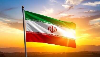 Iranian flag waving at sunset sky