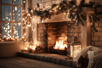 Cozy Christmas background with warm fireplace glow, soft shadows, pine branches and fairy lights