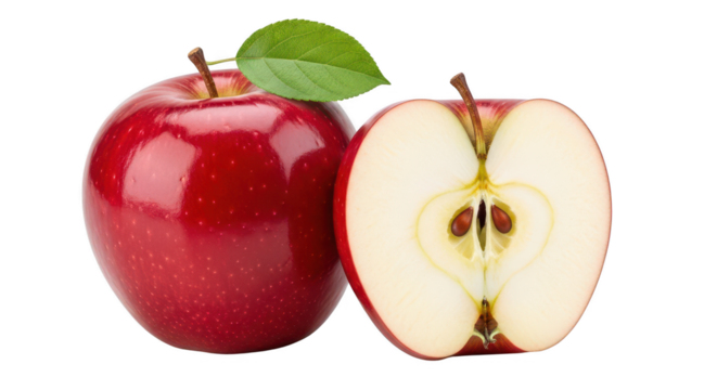 A red apple and a half of apple isolated on transparent background, close up