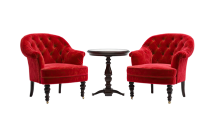 Elegant red velvet chairs flanking a dark wood table against a transparent background