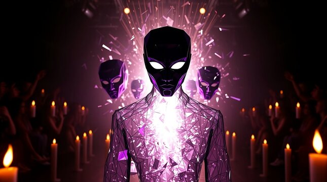 Mysterious alien figure with glowing eyes and shimmering purple suit stands prominently amidst a dark, candlelit gathering, suggesting a secret ritual or otherworldly presence in a dramatic, highcontr - Powered by Adobe