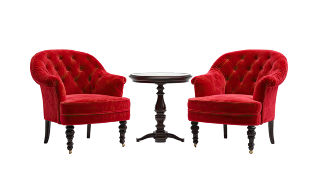 Elegant red velvet chairs flanking a dark wood table against a transparent background