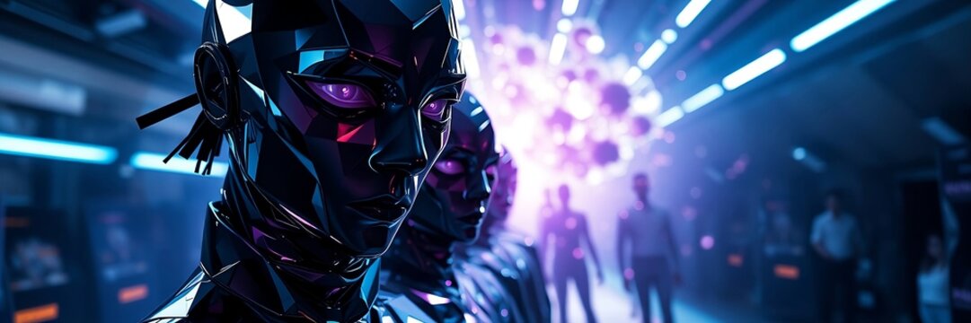 Closeup of a menacing, dark futuristic robot or cyborg face with glowing purple eyes in a neonlit, crowded scifi environment with abstract light effects in the background - Powered by Adobe